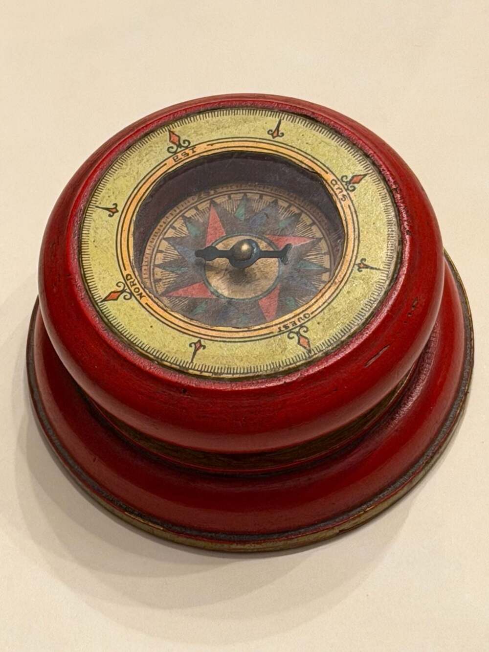 Vintage Decorative French Nautical Compass with Red Wooden Base